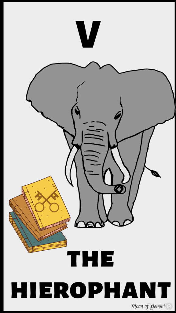 the hierophant tarot card (an elephant and books with keys on it)