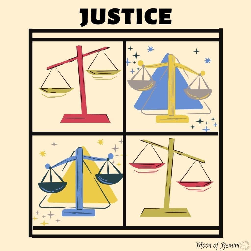 justice tarot card - 4 scales in a square